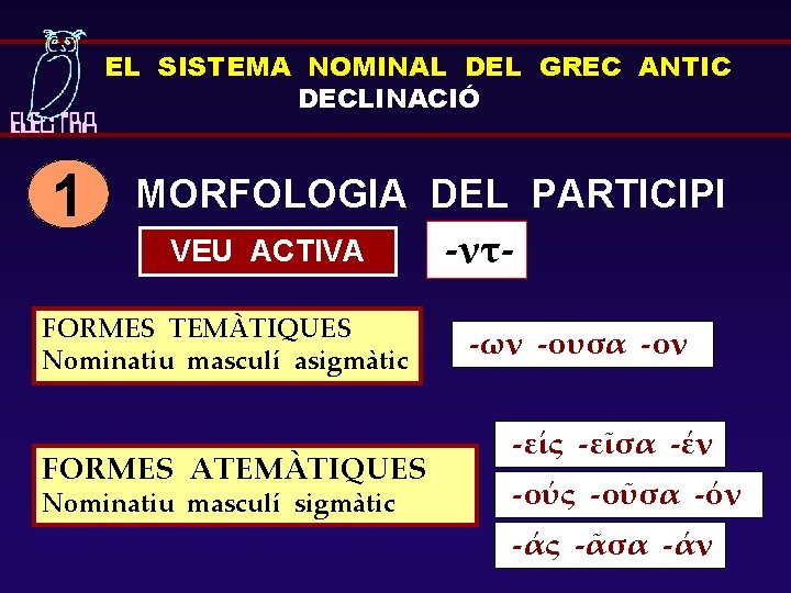 EL SISTEMA NOMINAL DEL GREC ANTIC DECLINACIÓ 1 MORFOLOGIA DEL PARTICIPI VEU ACTIVA -ντ-