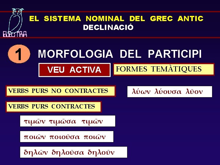 EL SISTEMA NOMINAL DEL GREC ANTIC DECLINACIÓ 1 MORFOLOGIA DEL PARTICIPI VEU ACTIVA VERBS