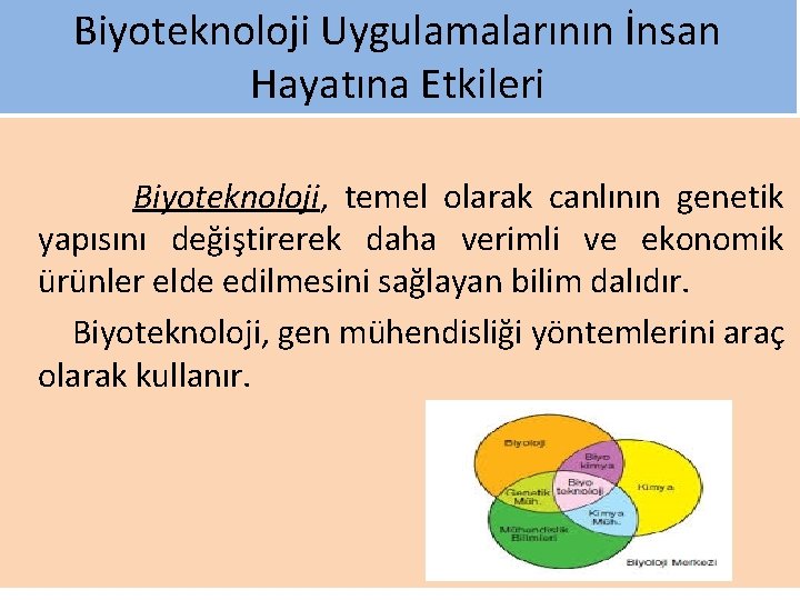 Biyoteknoloji Uygulamalarının İnsan Hayatına Etkileri Biyoteknoloji, temel olarak canlının genetik yapısını değiştirerek daha verimli