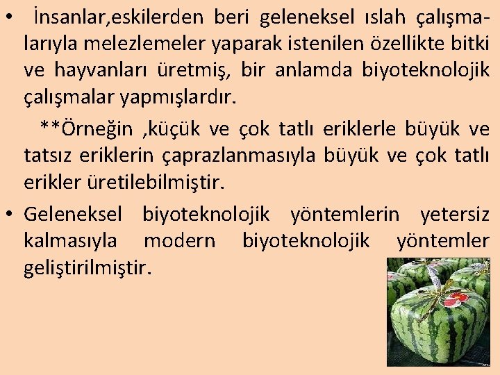  • İnsanlar, eskilerden beri geleneksel ıslah çalışmalarıyla melezlemeler yaparak istenilen özellikte bitki ve