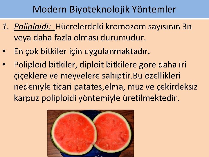 Modern Biyoteknolojik Yöntemler 1. Poliploidi: Hücrelerdeki kromozom sayısının 3 n veya daha fazla olması