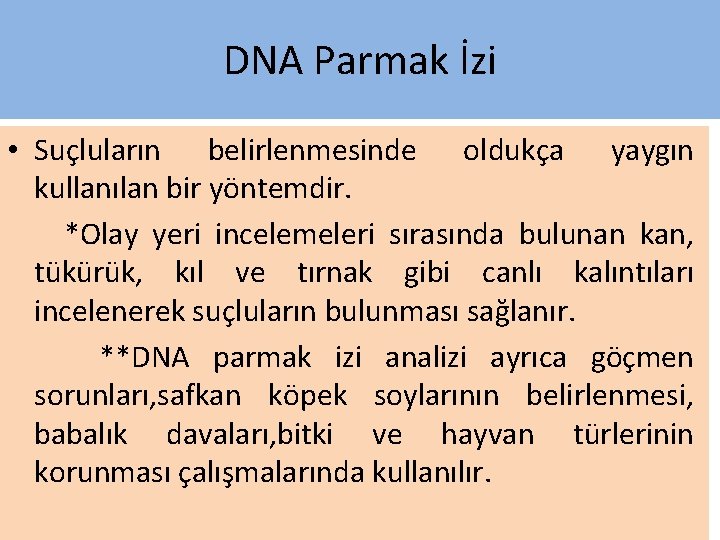 DNA Parmak İzi • Suçluların belirlenmesinde oldukça yaygın kullanılan bir yöntemdir. *Olay yeri incelemeleri