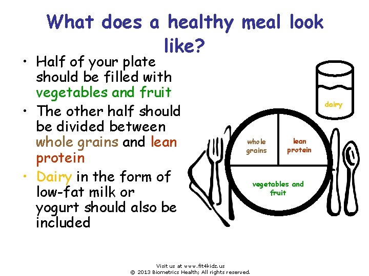 What does a healthy meal look like? • Half of your plate should be