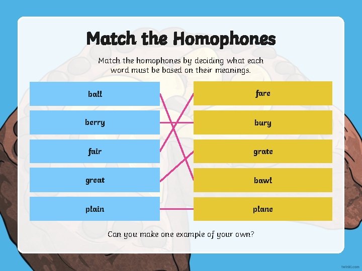 Match the Homophones Match the homophones by deciding what each word must be based