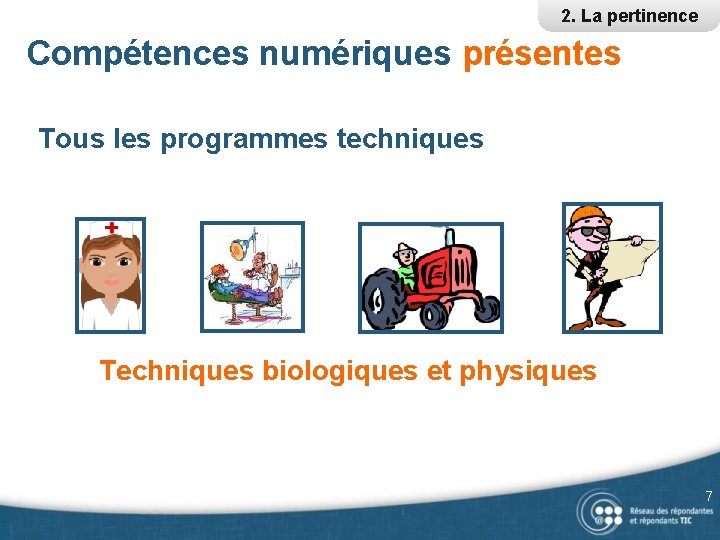 2. La pertinence Compétences numériques présentes Tous les programmes techniques Techniques biologiques et physiques