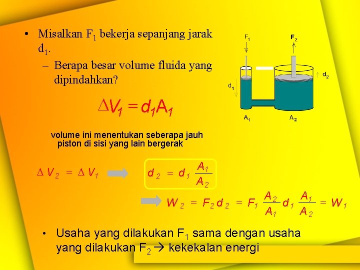  • Misalkan F 1 bekerja sepanjang jarak d 1. – Berapa besar volume