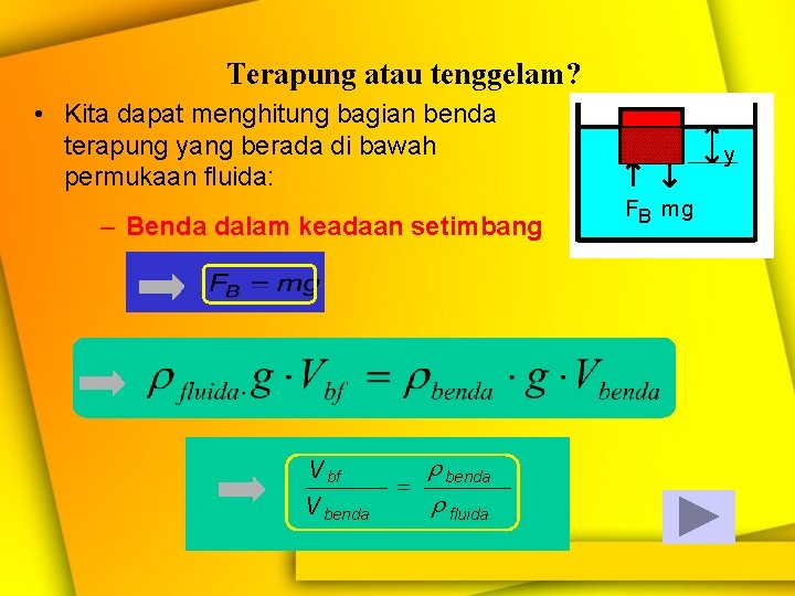 Terapung atau tenggelam? • Kita dapat menghitung bagian benda terapung yang berada di bawah