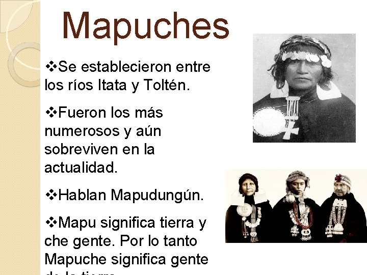 Mapuches v. Se establecieron entre los ríos Itata y Toltén. v. Fueron los más Mapuches v. Se establecieron entre los ríos Itata y Toltén. v. Fueron los más