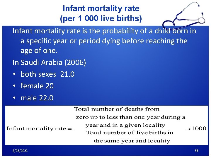 Infant mortality rate (per 1 000 live births) Infant mortality rate is the probability