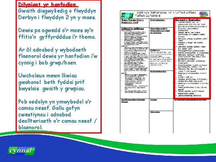 Dilyniant yr hanfodion. Gwaith disgwyliedig o flwyddyn Derbyn i flwyddyn 2 yn y maes.