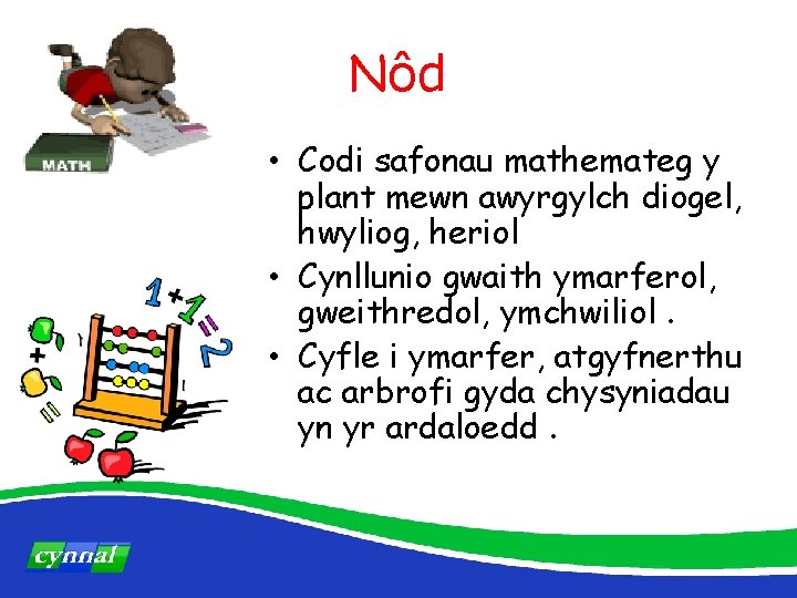 Nôd • Codi safonau mathemateg y plant mewn awyrgylch diogel, hwyliog, heriol • Cynllunio