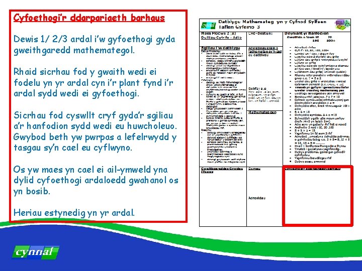 Cyfoethogi’r ddarpariaeth barhaus Dewis 1/ 2/3 ardal i’w gyfoethogi gyda gweithgaredd mathemategol. Rhaid sicrhau