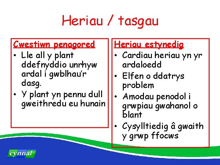 Heriau / tasgau Cwestiwn penagored • Lle all y plant ddefnyddio unrhyw ardal i