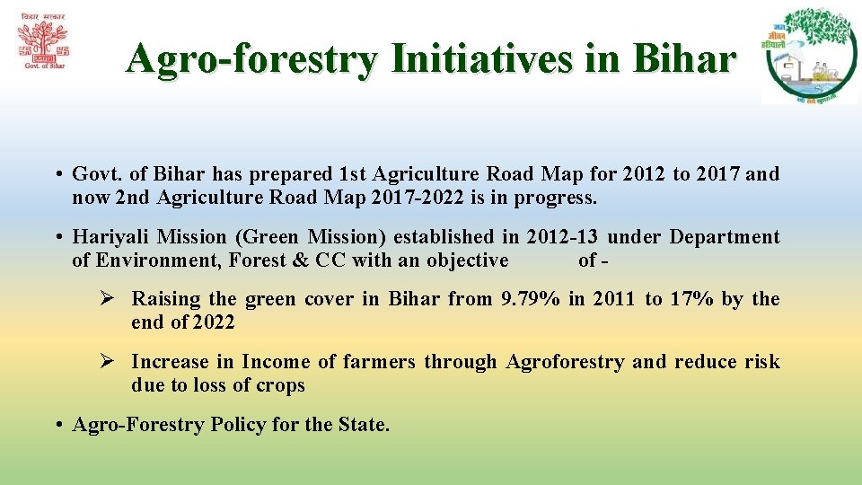 Agro-forestry Initiatives in Bihar • Govt. of Bihar has prepared 1 st Agriculture Road