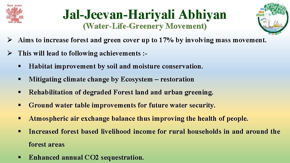 Jal-Jeevan-Hariyali Abhiyan (Water-Life-Greenery Movement) Ø Aims to increase forest and green cover up to