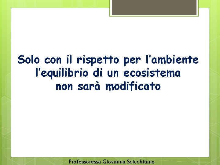 Solo con il rispetto per l’ambiente l’equilibrio di un ecosistema non sarà modificato Professoressa