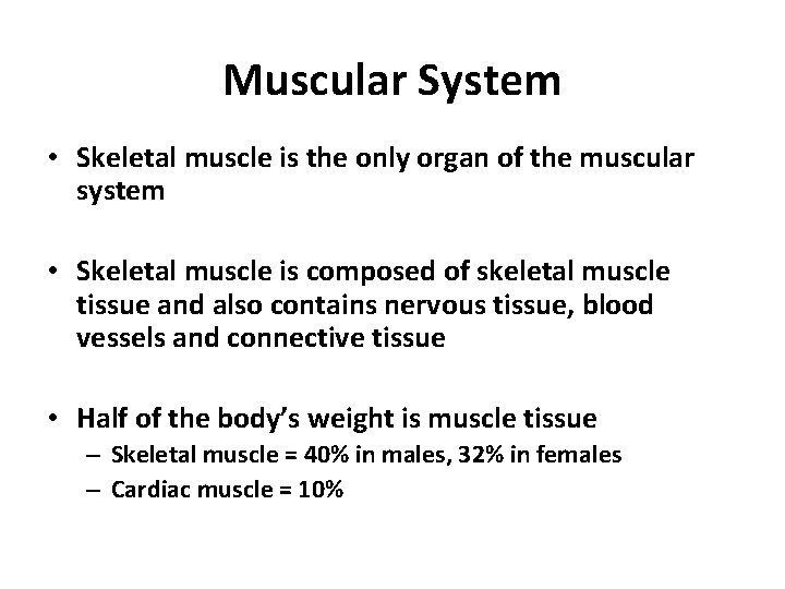 Muscular System • Skeletal muscle is the only organ of the muscular system •