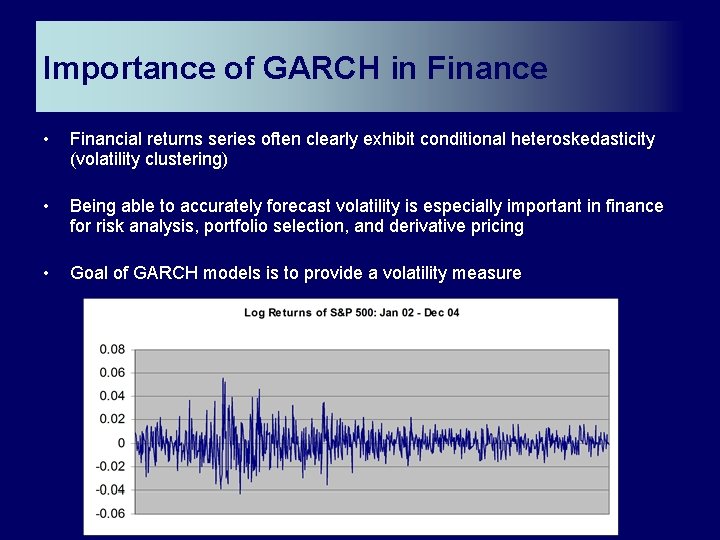 Importance of GARCH in Finance • Financial returns series often clearly exhibit conditional heteroskedasticity