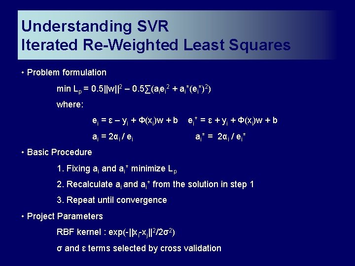 Understanding SVR Iterated Re-Weighted Least Squares • Problem formulation min Lp = 0. 5||w||2