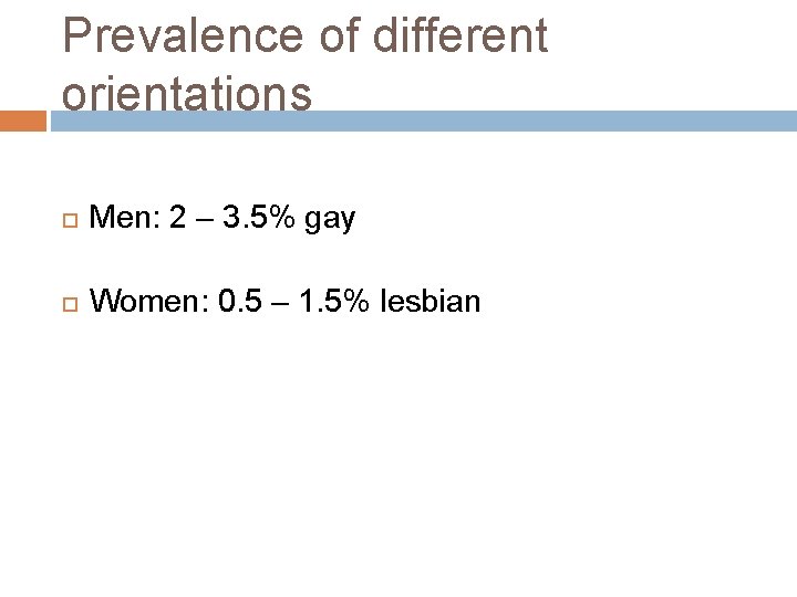 Prevalence of different orientations Men: 2 – 3. 5% gay Women: 0. 5 –