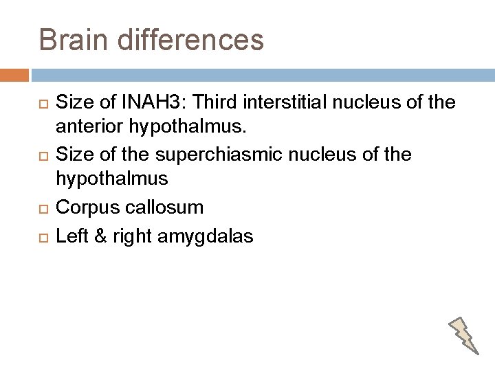 Brain differences Size of INAH 3: Third interstitial nucleus of the anterior hypothalmus. Size