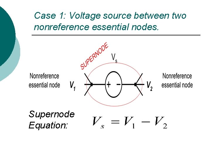 Case 1: Voltage source between two nonreference essential nodes. Supernode Equation: Case 1: Voltage source between two nonreference essential nodes. Supernode Equation: