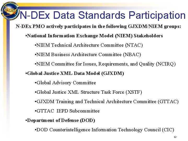 N-DEx Data Standards Participation N-DEx PMO actively participates in the following GJXDM/NIEM groups: •