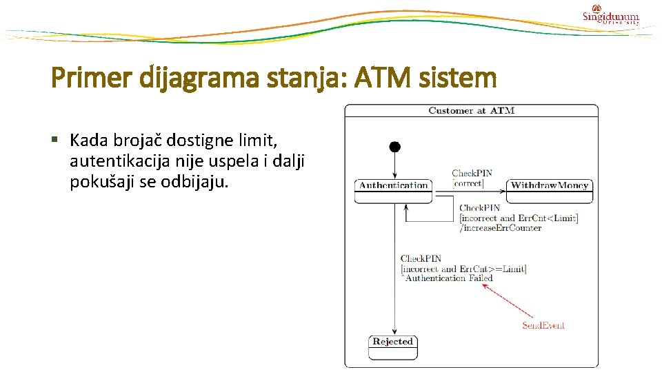 Primer dijagrama stanja: ATM sistem § Kada brojač dostigne limit, autentikacija nije uspela i