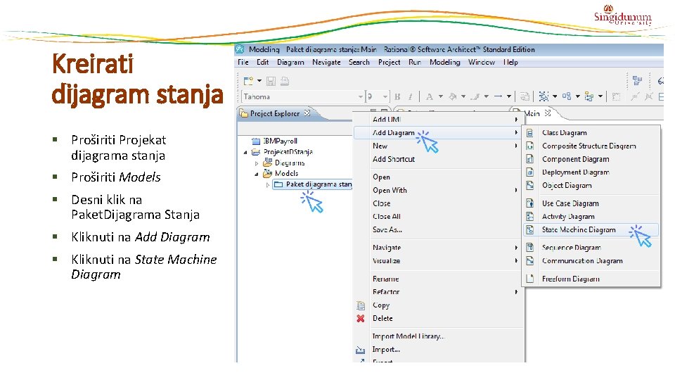 Kreirati dijagram stanja § Proširiti Projekat dijagrama stanja § Proširiti Models § Desni klik