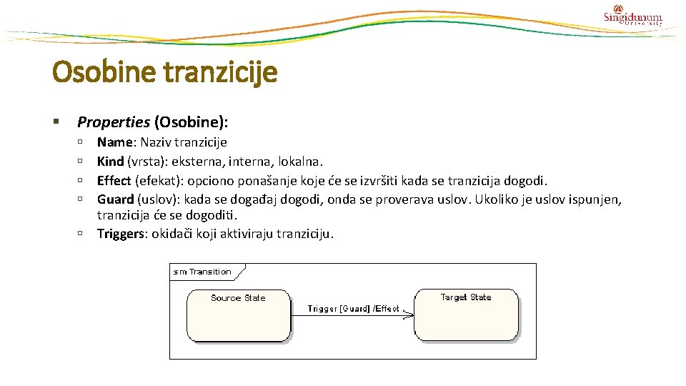 Osobine tranzicije § Properties (Osobine): Name: Naziv tranzicije Kind (vrsta): eksterna, interna, lokalna. Effect