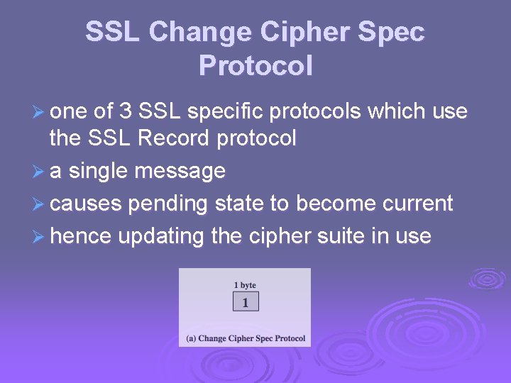 SSL Change Cipher Spec Protocol Ø one of 3 SSL specific protocols which use SSL Change Cipher Spec Protocol Ø one of 3 SSL specific protocols which use
