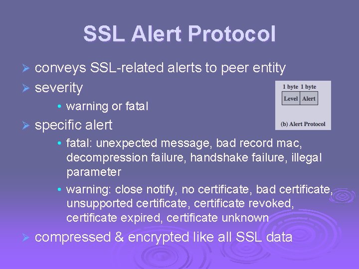 SSL Alert Protocol conveys SSL-related alerts to peer entity Ø severity Ø • warning SSL Alert Protocol conveys SSL-related alerts to peer entity Ø severity Ø • warning