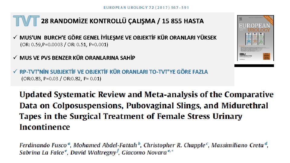 TVT 28 RANDOMİZE KONTROLLÜ ÇALIŞMA / 15 855 HASTA ü MUS’UN BURCH’E GÖRE GENEL TVT 28 RANDOMİZE KONTROLLÜ ÇALIŞMA / 15 855 HASTA ü MUS’UN BURCH’E GÖRE GENEL