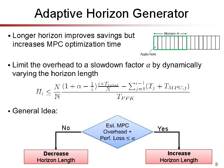 Adaptive Horizon Generator § Longer horizon improves savings but increases MPC optimization time §