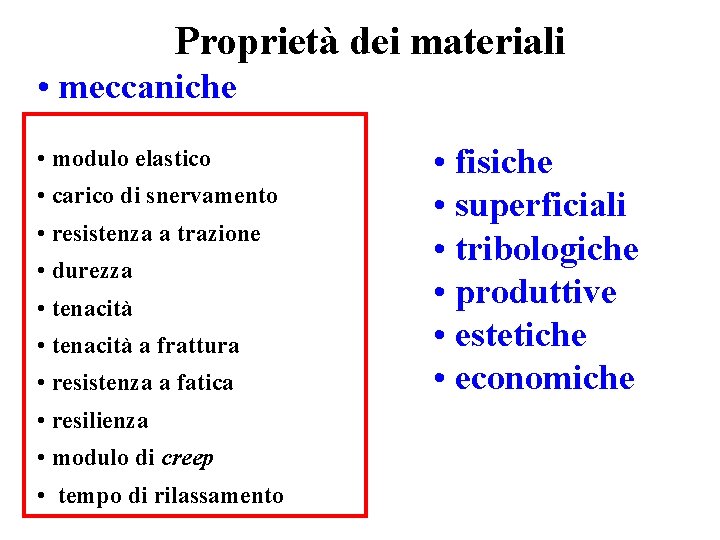Proprietà dei materiali • meccaniche • modulo elastico • carico di snervamento • resistenza Proprietà dei materiali • meccaniche • modulo elastico • carico di snervamento • resistenza