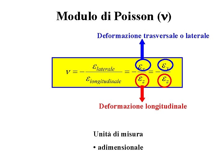 Modulo di Poisson (n) Deformazione trasversale o laterale Deformazione longitudinale Unità di misura •