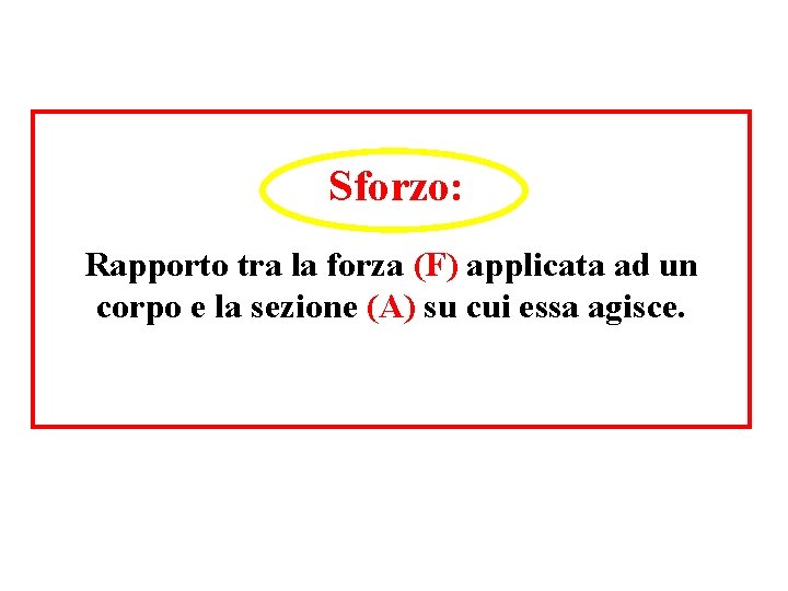 Sforzo: Rapporto tra la forza (F) applicata ad un corpo e la sezione (A) Sforzo: Rapporto tra la forza (F) applicata ad un corpo e la sezione (A)