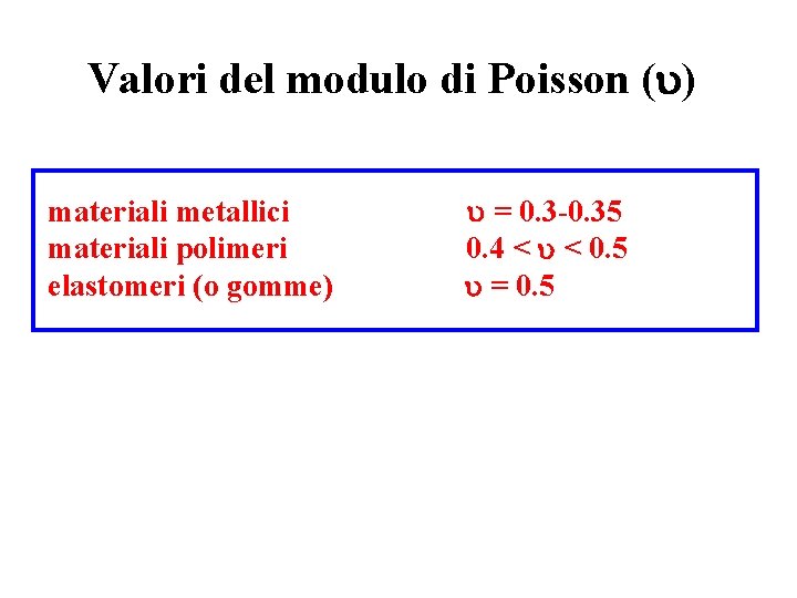 Valori del modulo di Poisson (u) materiali metallici materiali polimeri elastomeri (o gomme) u
