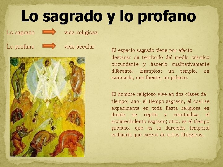 Lo sagrado y lo profano Lo sagrado vida religiosa Lo profano vida secular El