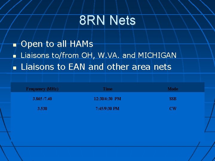 8 RN Nets Open to all HAMs Liaisons to/from OH, W. VA. and MICHIGAN