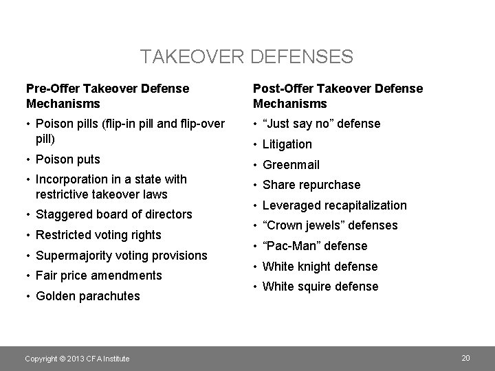 TAKEOVER DEFENSES Pre-Offer Takeover Defense Mechanisms Post-Offer Takeover Defense Mechanisms • Poison pills (flip-in