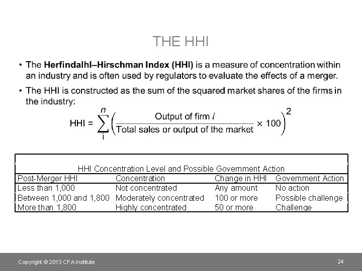 THE HHI • HHI Concentration Level and Possible Government Action Post-Merger HHI Concentration Change