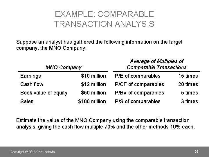 EXAMPLE: COMPARABLE TRANSACTION ANALYSIS Suppose an analyst has gathered the following information on the