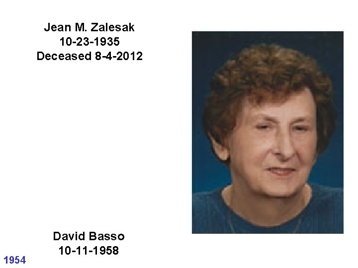 Jean M. Zalesak 10 -23 -1935 Deceased 8 -4 -2012 1954 David Basso 10