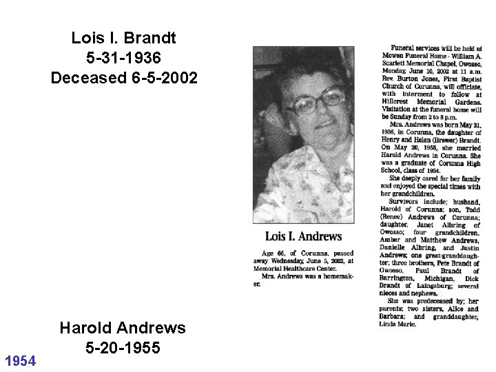 Lois I. Brandt 5 -31 -1936 Deceased 6 -5 -2002 1954 Harold Andrews 5