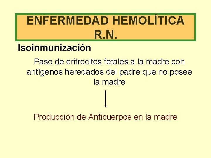 ENFERMEDAD HEMOLÍTICA R. N. Isoinmunización Paso de eritrocitos fetales a la madre con antígenos