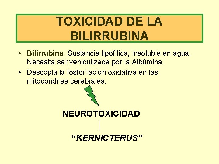 TOXICIDAD DE LA BILIRRUBINA • Bilirrubina. Sustancia lipofílica, insoluble en agua. Necesita ser vehiculizada