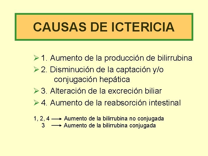 CAUSAS DE ICTERICIA Ø 1. Aumento de la producción de bilirrubina Ø 2. Disminución