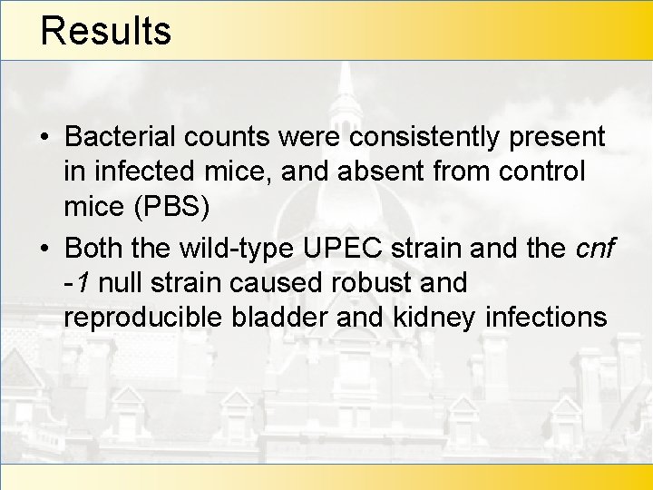 Results • Bacterial counts were consistently present in infected mice, and absent from control