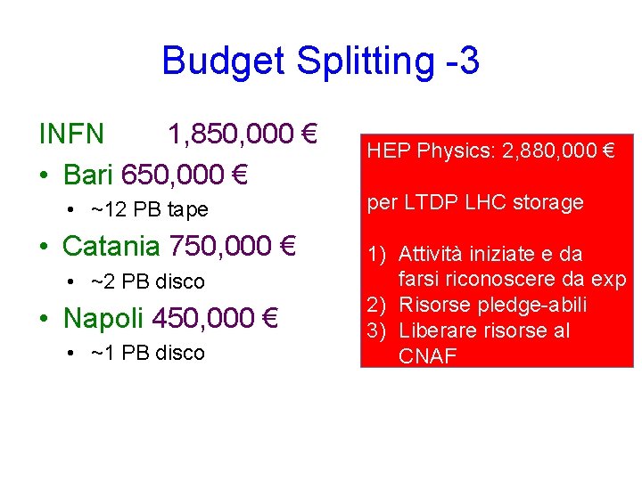 Budget Splitting -3 INFN 1, 850, 000 € • Bari 650, 000 € •